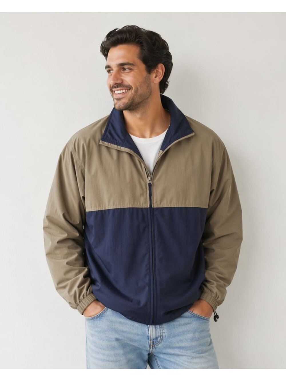 NWT Totes Colorblock Windbreaker Jacket Mens L Beige Navy Lightweight  Full Zip